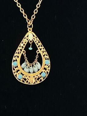 Vintage Gold Filigree Chandelier Teardrop Pendant Necklace Blue Turquoise Beads